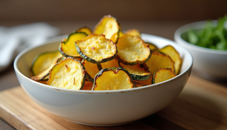 Close-up view of golden crispy zucchini chips in a white bowl