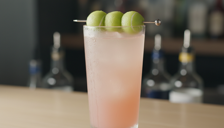 Close-up view of a Honey Deuce cocktail with melon ball garnishes.