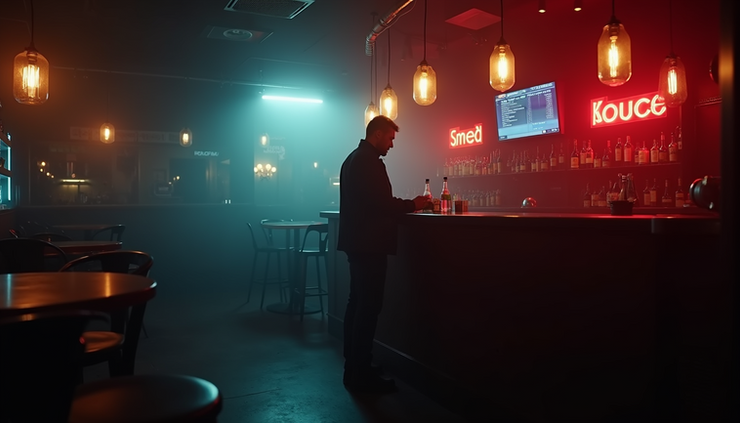 Eye-level view of a dimly lit nightclub with a single figure standing near the bar