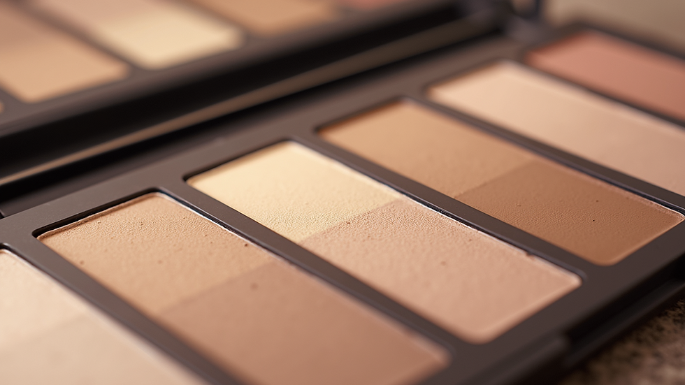 Close-up view of a makeup palette with neutral tones