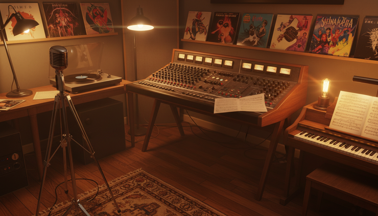 Wide-angle view of vintage records and a silver microphone on a warm studio floor