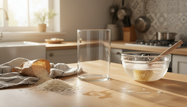 Wide-angle view of a kitchen counter with rice containers being cleaned.