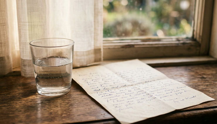 Close-up of a handwritten letter resting on a windowsill beside a half-empty glass of water.