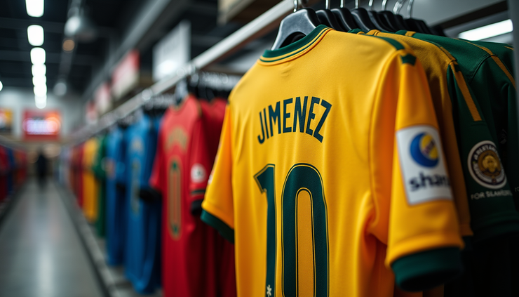Eye-level view of a Raul Jimenez soccer jersey displayed on a rack