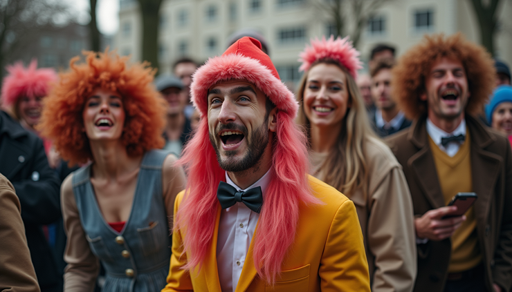 High angle view of a group enjoying a playful April Fools Day costume challenge