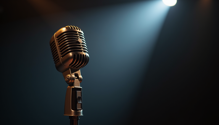 Eye-level view of a vintage microphone on a stage with a spotlight
