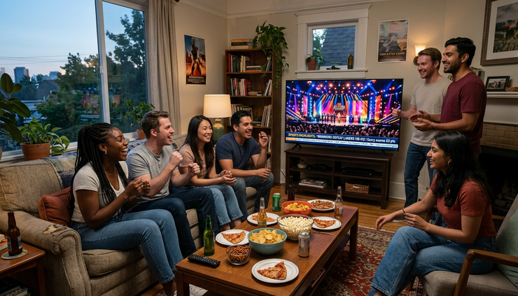 Wide-angle view of fans watching a live awards show and sports highlights in a crowded living room