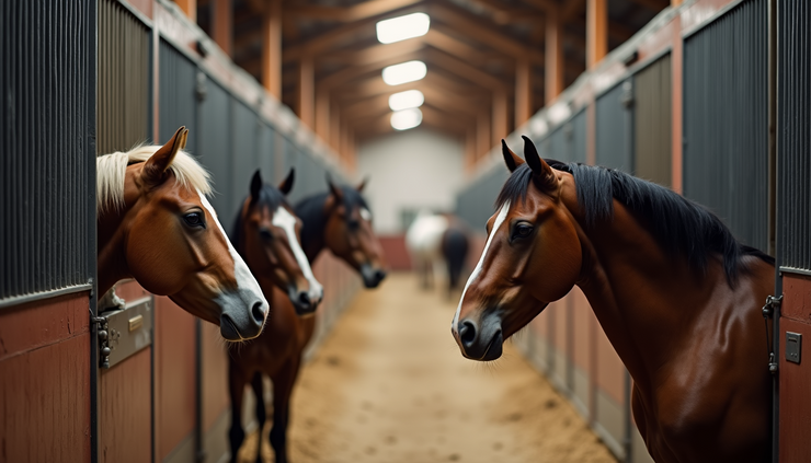 High-angle view of a horse stable with horses inside, emphasizing biosecurity measures