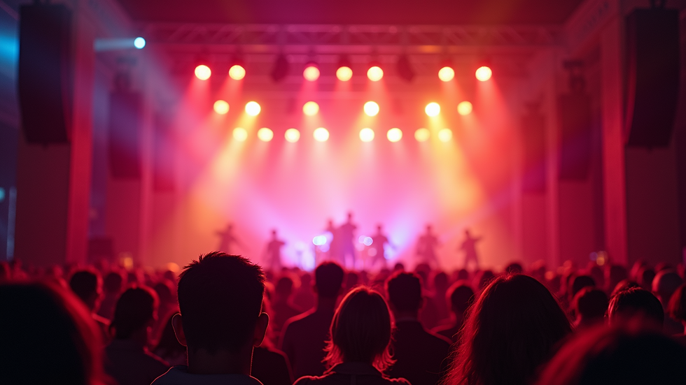 Eye-level view of a vibrant concert stage with colorful lights