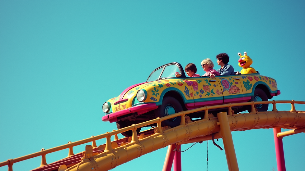 Close-up view of a roller coaster car featuring Muppets characters