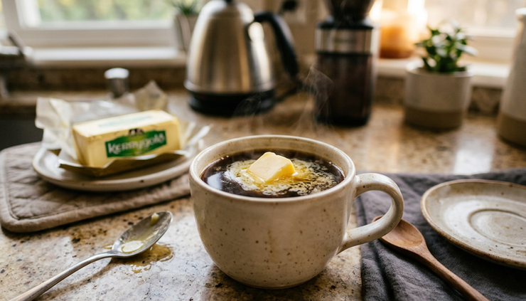 Close-up view of butter melting into a cup of hot coffee