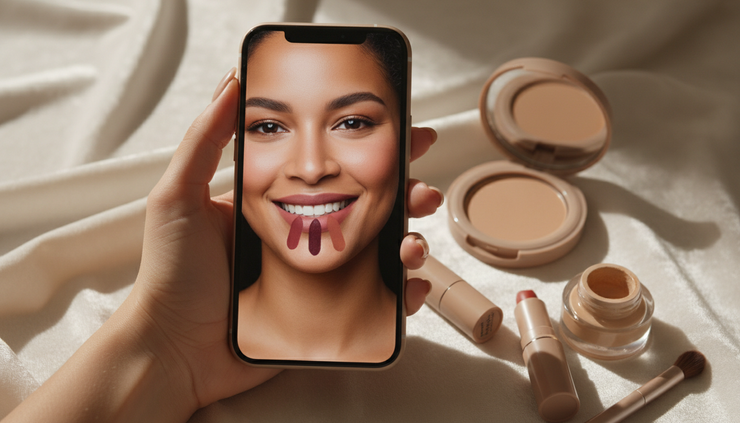 Close-up of a hand comparing virtual lipstick shades on a smartphone
