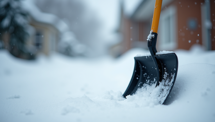 Eye-level view of a sturdy snow shovel resting against a snowy driveway