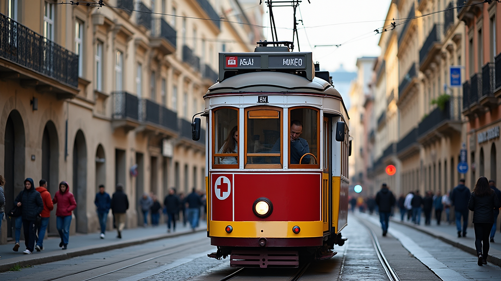 Eye-level view of the iconic Tram 28 in Lisbon