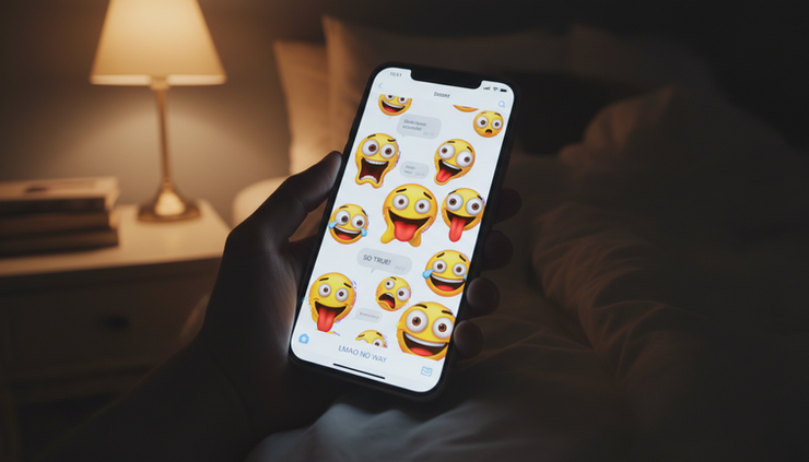 Close-up view of a phone screen glowing with exaggerated face emojis