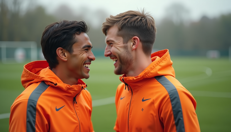 Close-up of Achraf Hakimi and Kylian Mbappé sharing a laugh during training