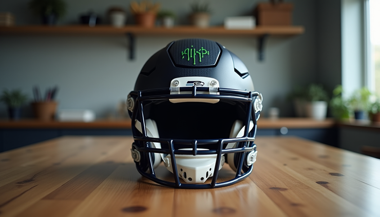 Eye-level view of a Seattle Seahawks helmet on a wooden table