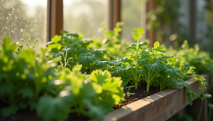Close-up view of a home garden with organic vegetables and herbs