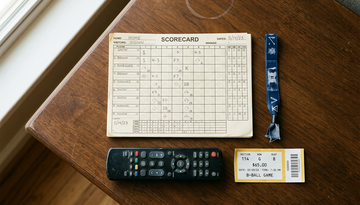 Overhead view of a coffee table with a TV remote, baseball scorecard, and concert wristband