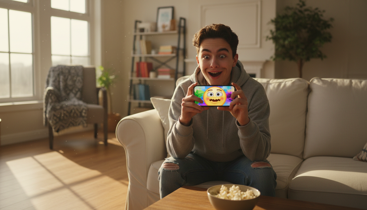 Eye-level view of a teenager holding a phone with a surprised expression