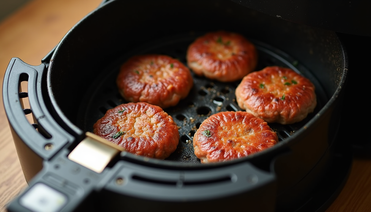 High angle view of an air fryer basket with small burger patties cooking