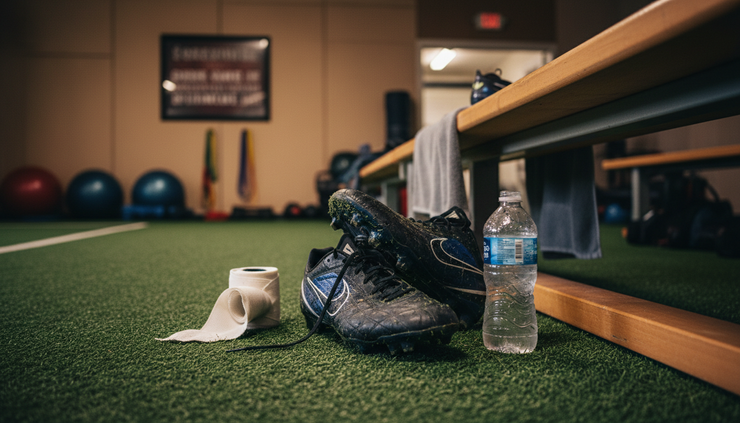 Eye-level view of a football player’s cleats beside a training room bench and taped ankle wrap
