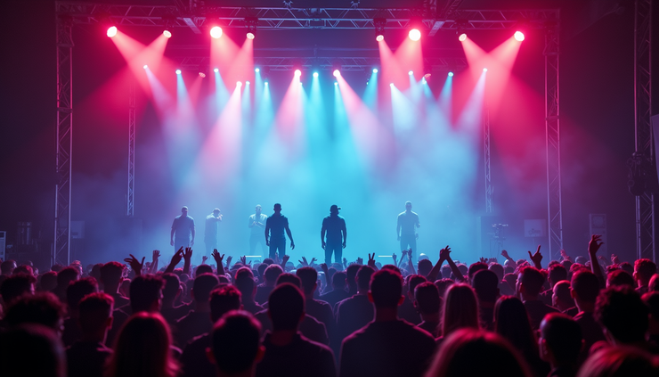 Close-up view of a concert stage with neon lights and retro-themed visuals