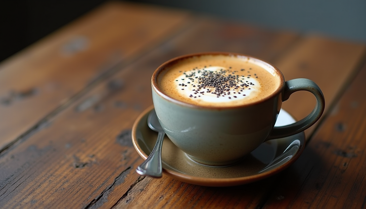 Eye-level view of a black sesame latte in a ceramic cup on a wooden table