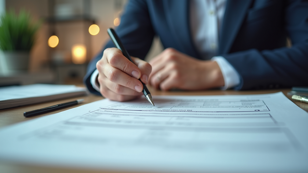 Eye-level view of a person filling out a tax form on a desk