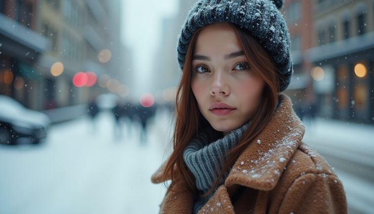 High angle view of a woman wearing a 100% wool coat walking on a snowy street