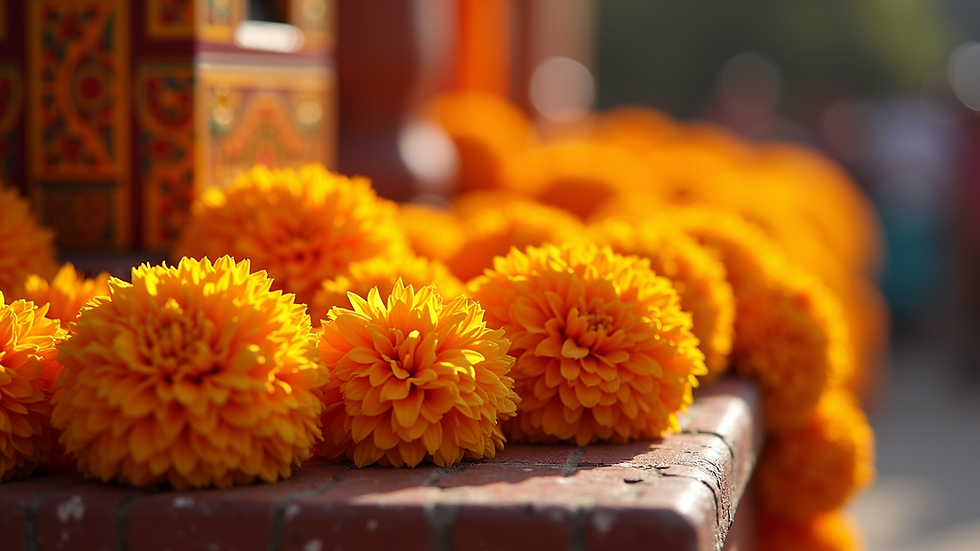 Close-up view of vibrant marigolds arranged on an altar