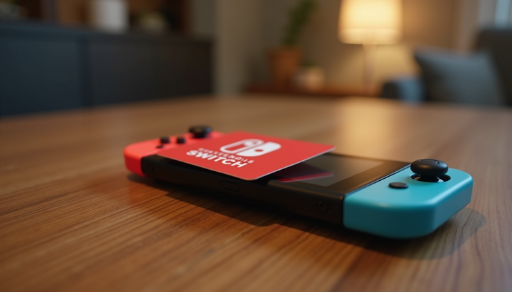 Eye-level view of a Nintendo Switch console with gift card beside it on a wooden table