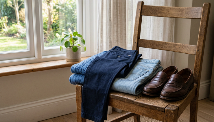 Close-up of folded blue clothing and textured trousers on a chair