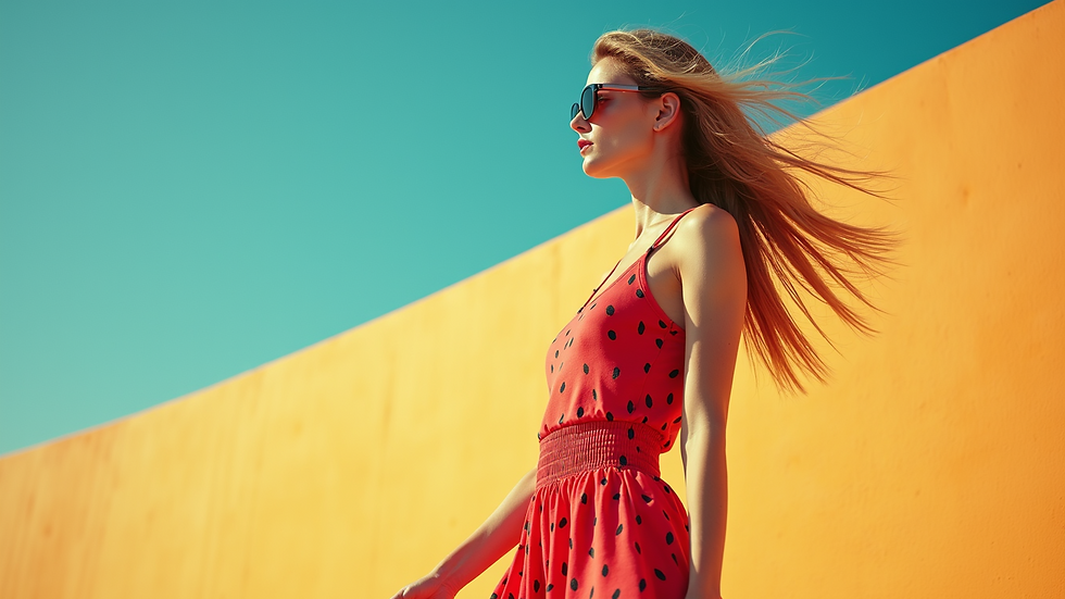 High angle view of colorful watermelon themed outfit on bright summer background