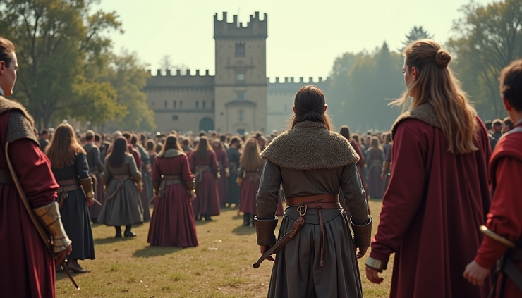 Wide angle view of a group of people in medieval costumes participating in a larp event outdoors