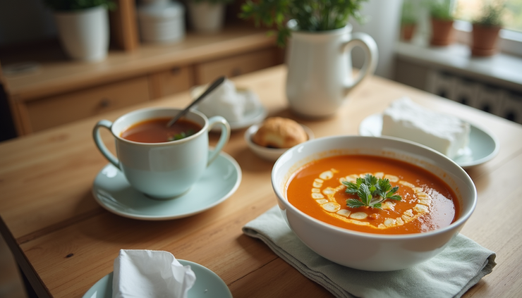 High angle view of a cozy kitchen table with flu remedies including soup, tea, and tissues