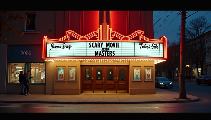 High angle view of a movie theater marquee displaying Scary Movie and Masters titles