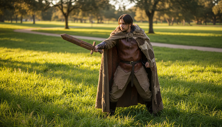 Eye-level view of a costumed player standing in a grassy park with foam props.