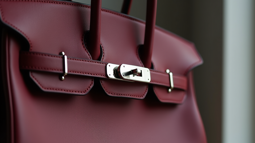 Close-up view of a luxurious Birkin bag in deep burgundy leather