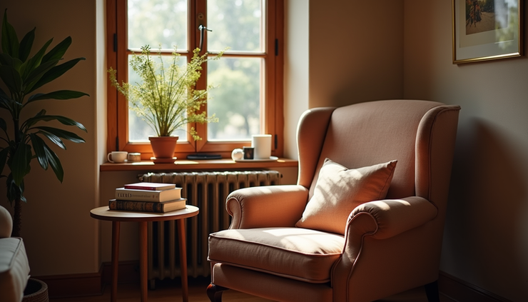 Eye-level view of a cozy reading nook with a soft armchair and a stack of books