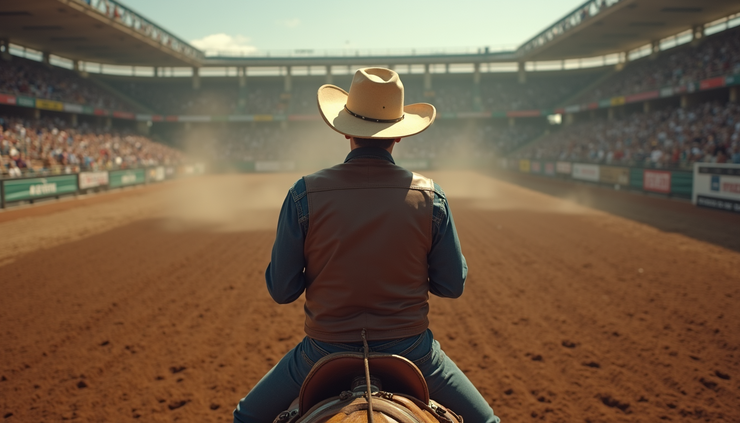 Eye-level view of a rodeo arena with a cowboy preparing for a bull ride