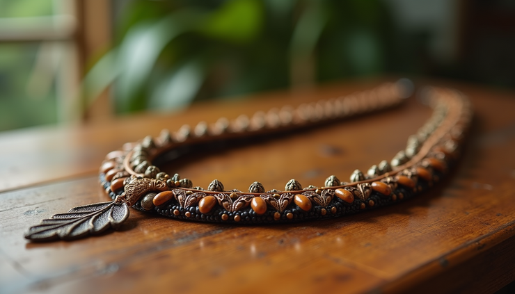 Close-up view of a traditional Polynesian necklace on a wooden table