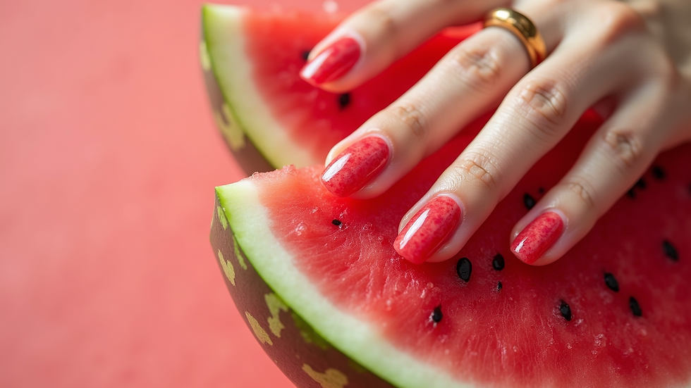 Close-up view of a watermelon nail design featuring slices and vibrant colors