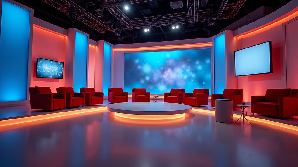 Eye-level view of a vibrant studio set of a talk show