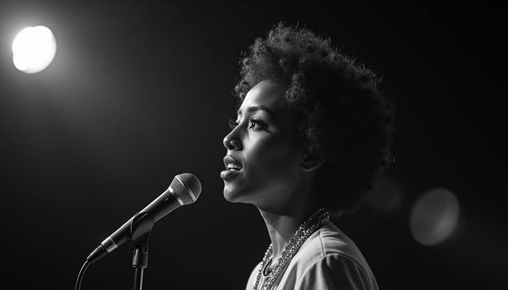 Close-up view of a person speaking clearly into a microphone
