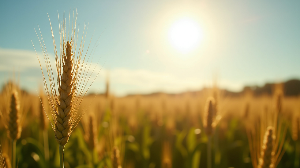 Close-up view of cornfield under a sunny sky