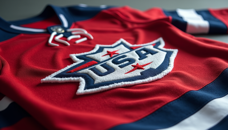 Close-up view of USA hockey jersey laid flat showing detailed stitching and colors