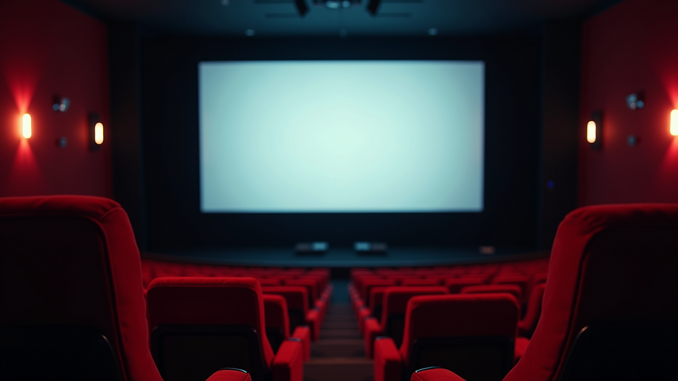 Eye-level view of a cinema screen in a dark theater