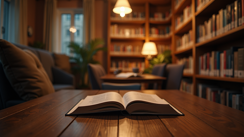 Eye-level view of a cozy reading nook filled with books and soft lighting