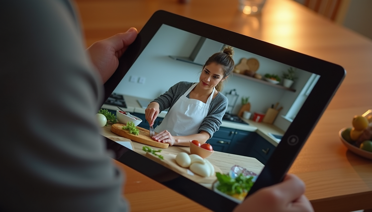 High angle view of a digital tablet displaying a cooking masterclass